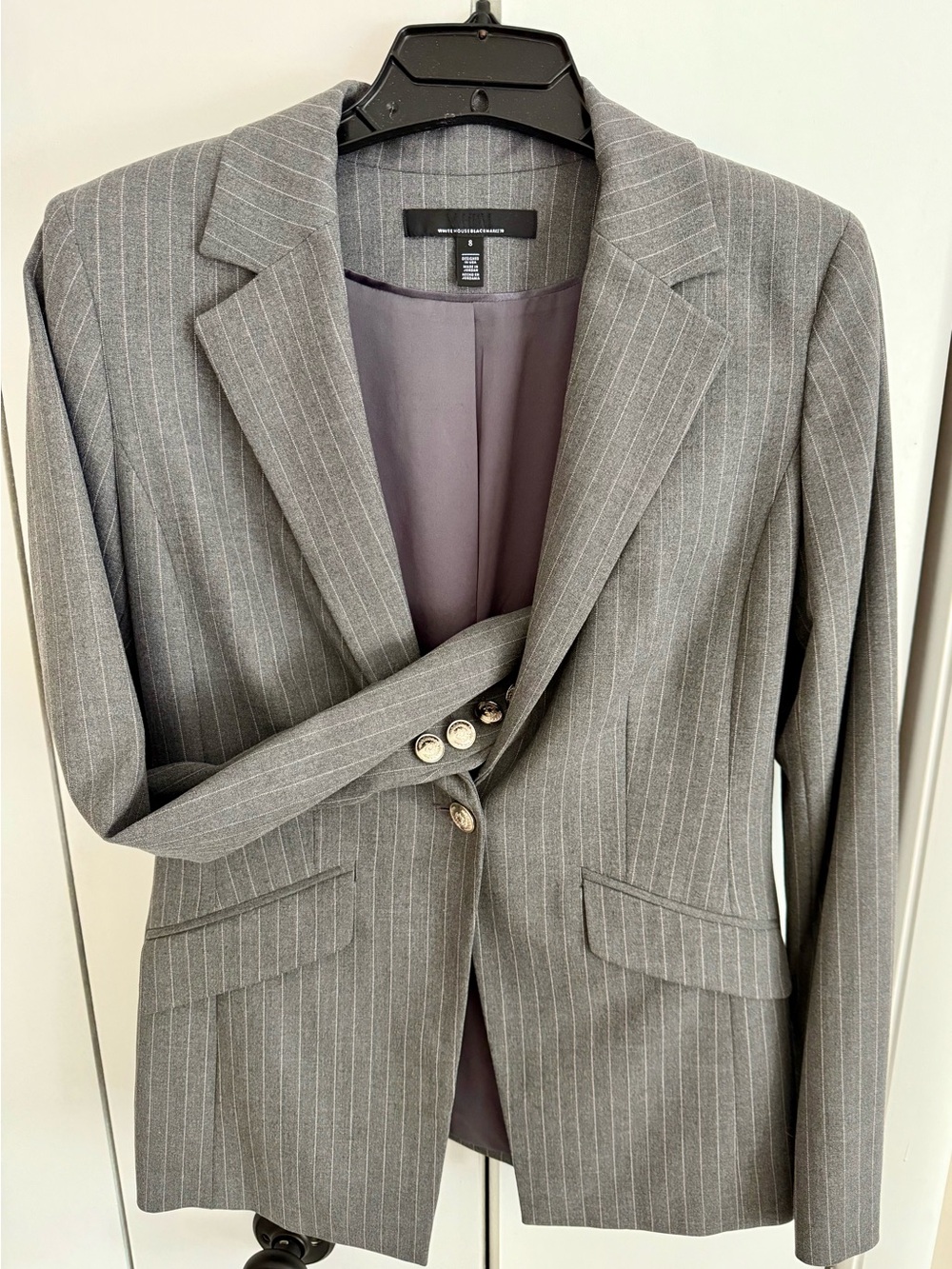 White House Black Market WHBM Gray Pink Pinstripe One Button Blazer Size 8